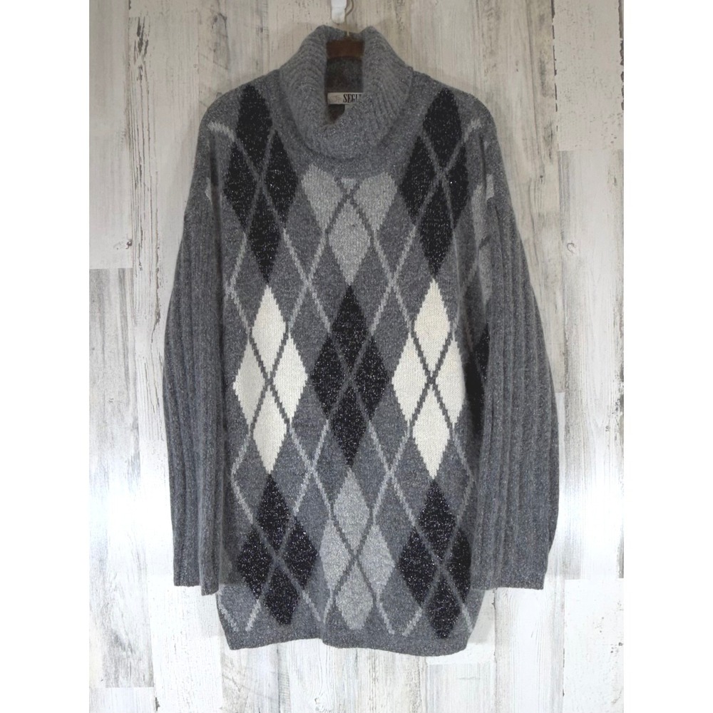 Segue Argyle Turtleneck Sweater Size XL Silk Angora Blend Gray Silver Metallic‎